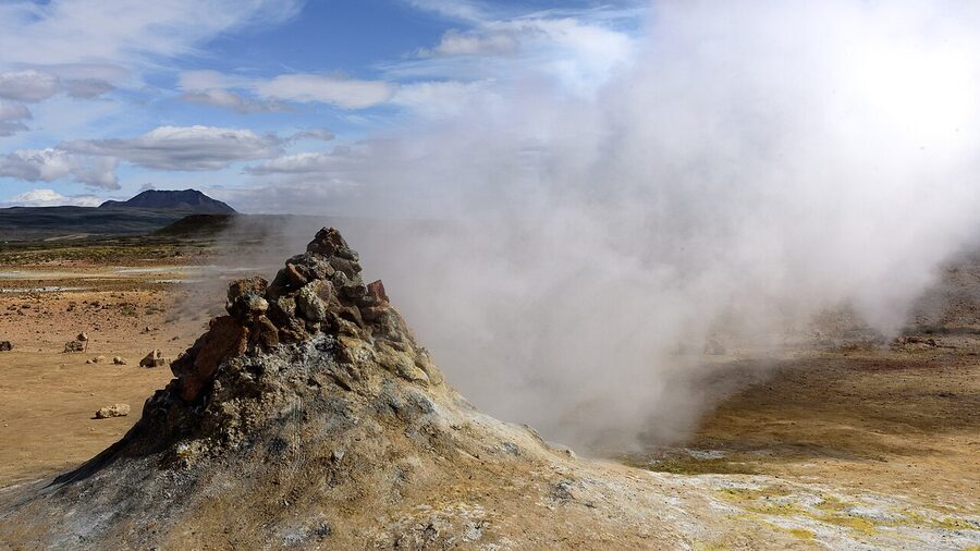 Steaming fumarole at Hverir geothermal area, Námafjall, north Iceland