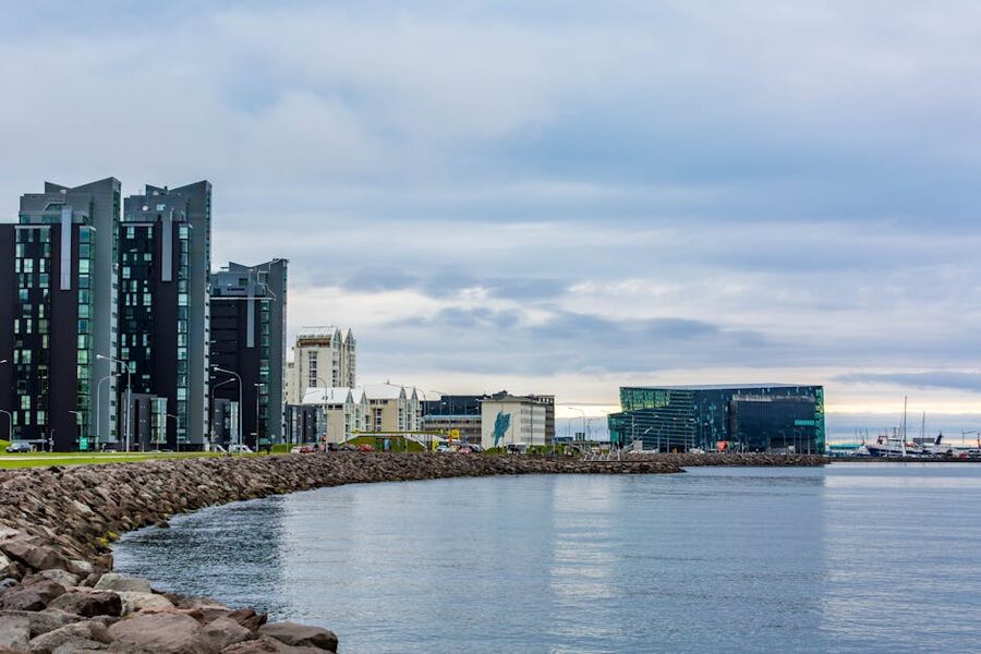 Reykjavik waterfront with modern architecture and tranquil sky