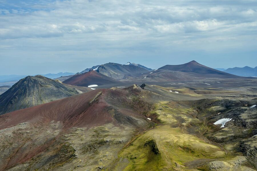 Aerial view of volcanic colourful peaks in Iceland