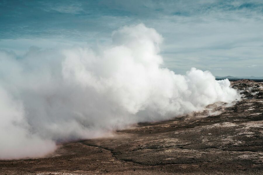 Geothermal steam venting from Iceland highland ground