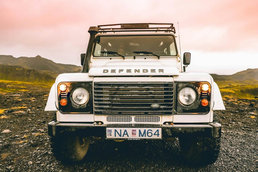 Land Rover Defender on Iceland highland gravel road