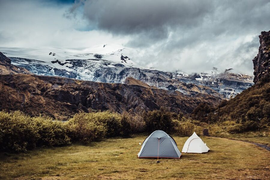 Camping tents on the Laugavegur trail in the Iceland highlands