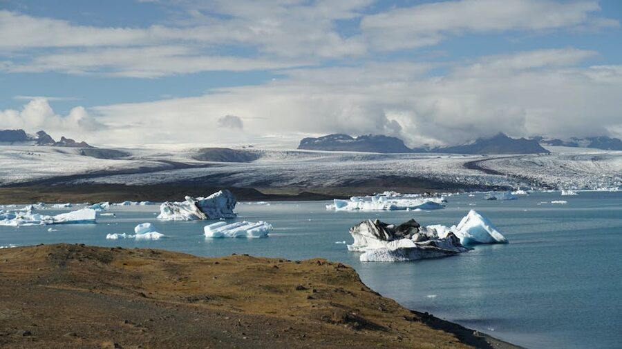 Icebergs floating in Jokulsarlon glacier lagoon Iceland in summer