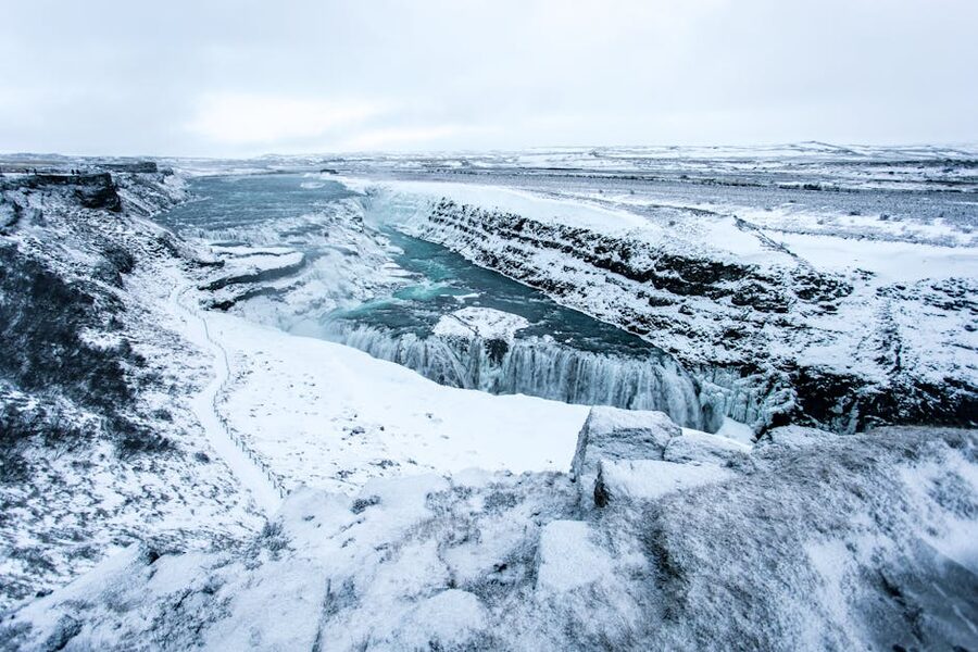 Gullfoss waterfall ringed in ice in March