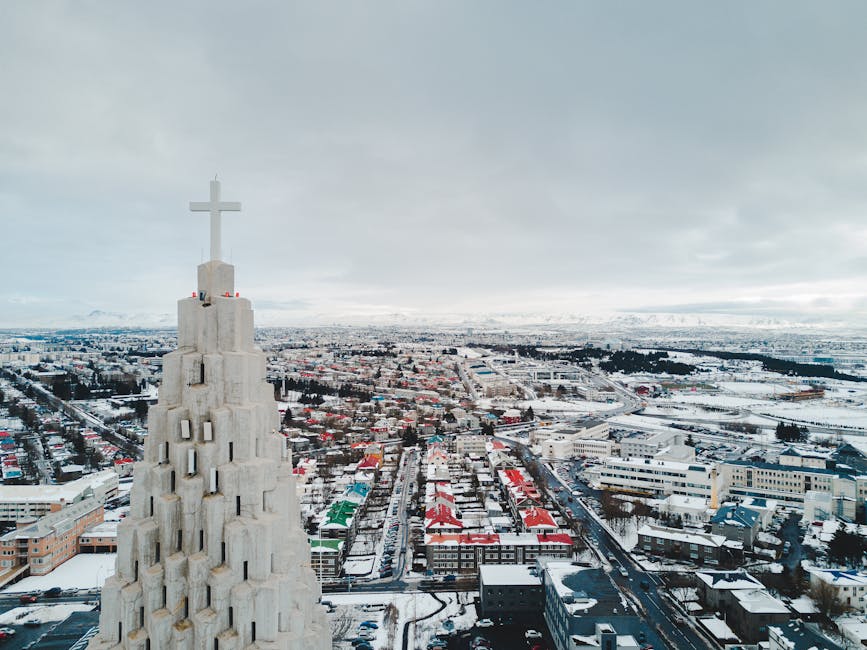 Aerial view of Reykjavik with Hallgrimskirkja church and snow