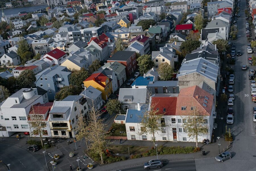 Colorful rooftops in a Reykjavik neighborhood in winter