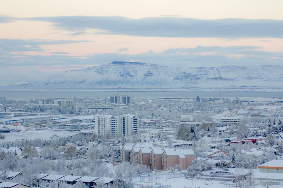 Aerial view of Reykjavik skyline in winter