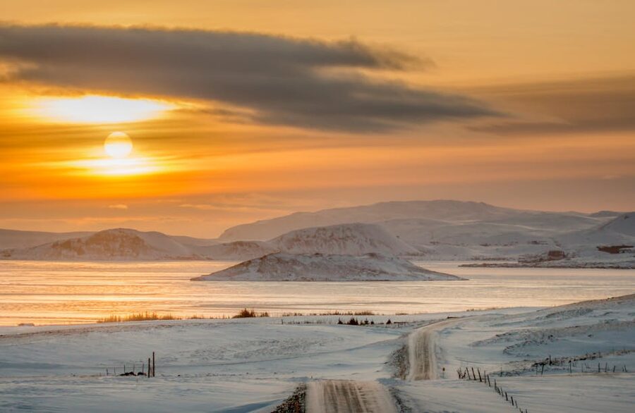 Iceland winter sunrise over snowy landscape