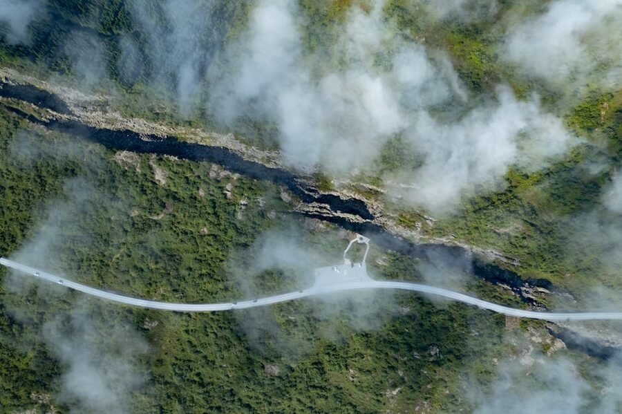 Aerial view of a rift in the Icelandic landscape