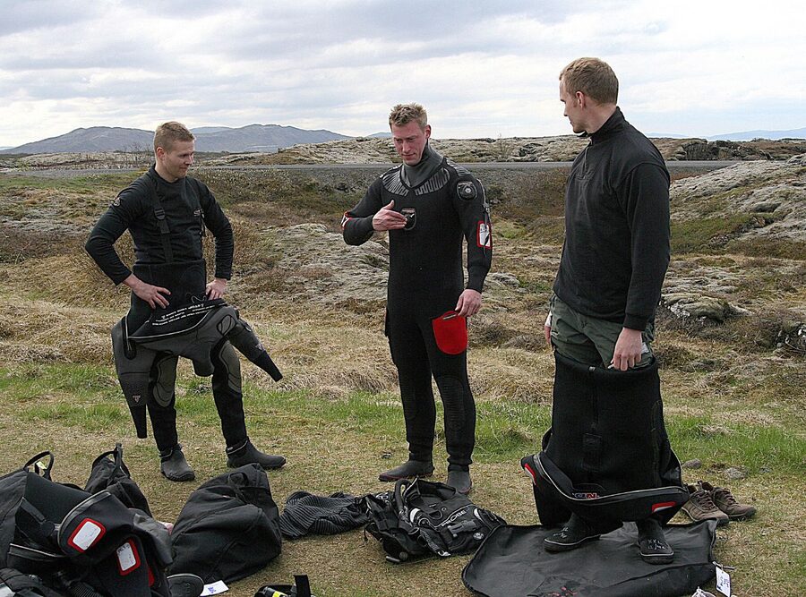 Light filtering through the water in Silfra Cathedral, Iceland