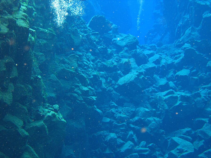 Snorkellers floating on the surface of the Silfra fissure