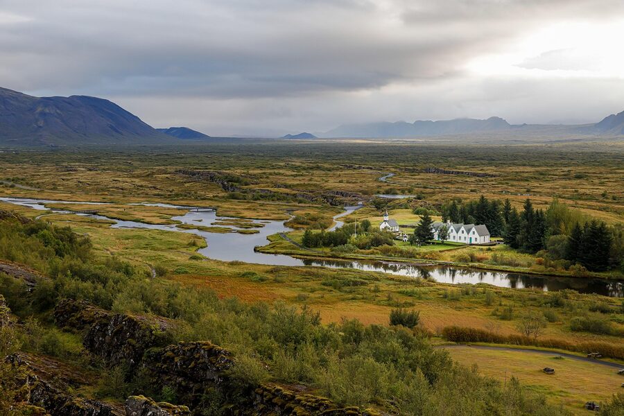 Aerial view of Þingvellir National Park showing the rift valley