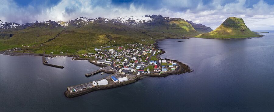 Aerial view of Grundarfjordur fjord and town with Kirkjufell mountain