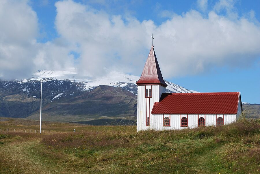 Hellnar village church and stone houses on the Snaefellsnes peninsula