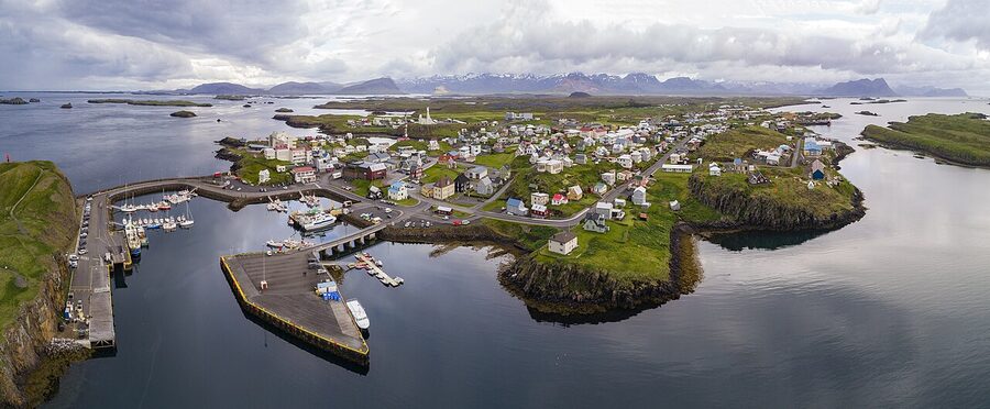 Aerial panoramic view of Stykkisholmur town on the Snaefellsnes peninsula