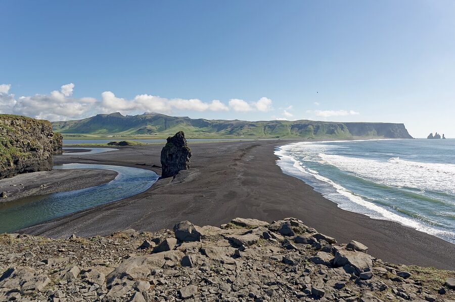 Reynisfjara beach and Reynisdrangar viewed from Dyrholaey, Iceland