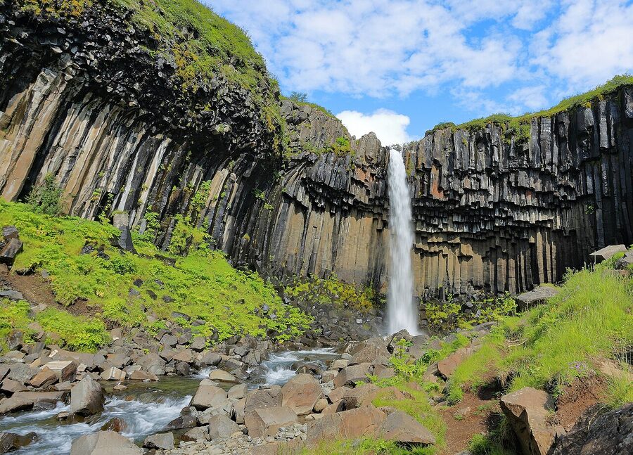 Svartifoss waterfall and basalt columns in Skaftafell, Iceland