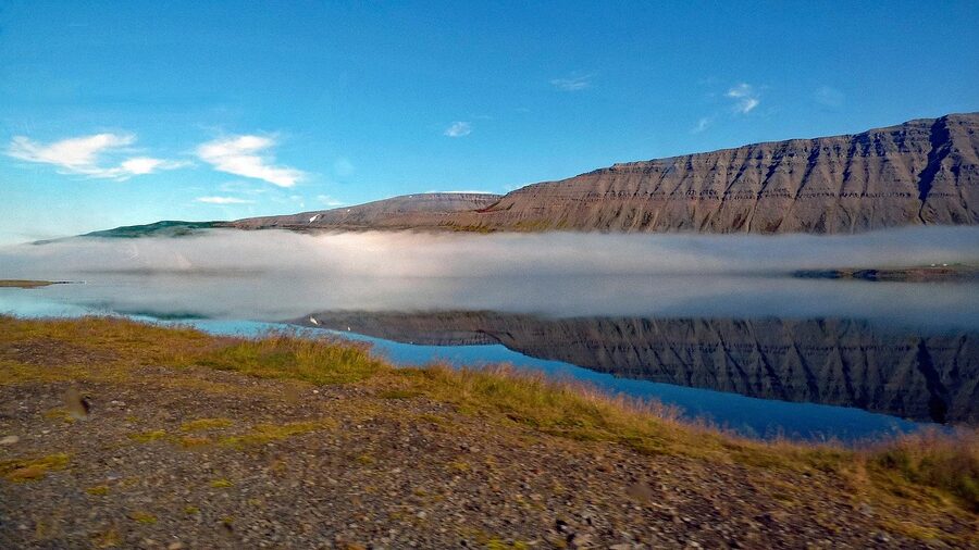 Dyrafjordur fjord in fog Westfjords Iceland