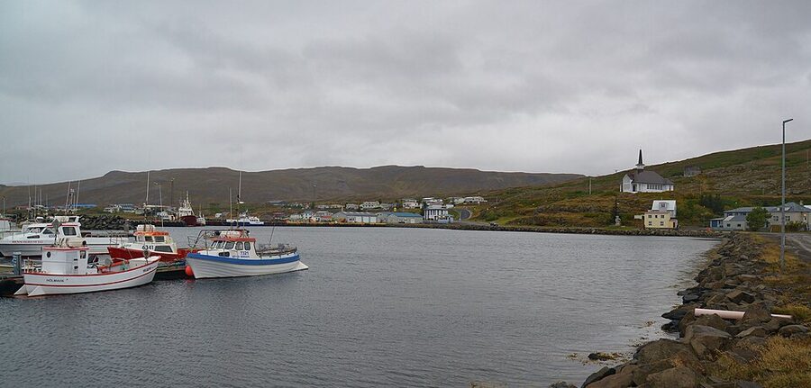 Holmavik harbour with church Westfjords Iceland