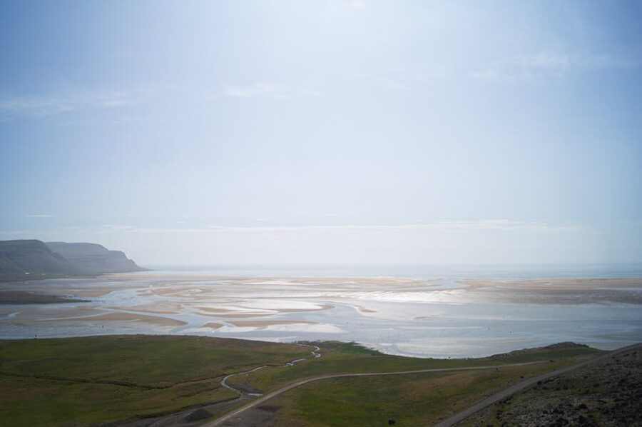 Aerial view of Raudasandur pink sand beach in Westfjords Iceland