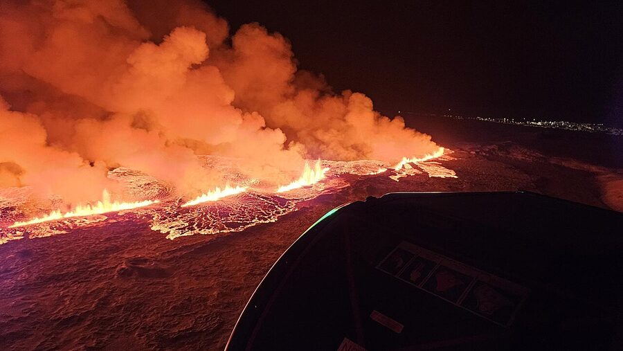 Aerial view of the 2023 Grindavik volcanic eruption