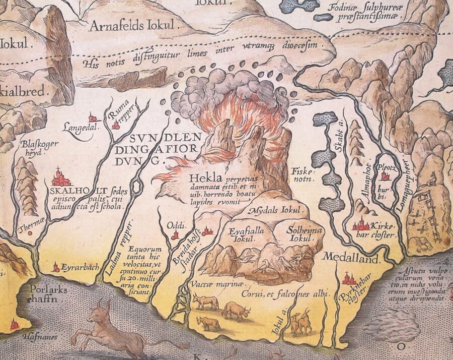 A 1585 map detail showing Hekla volcano as a medieval gateway to hell