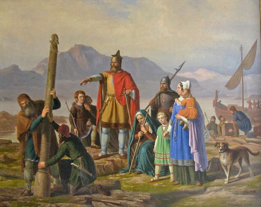 Painting of Ingólfur Arnarson arriving on the shore of Iceland by Johan Peter Raadsig