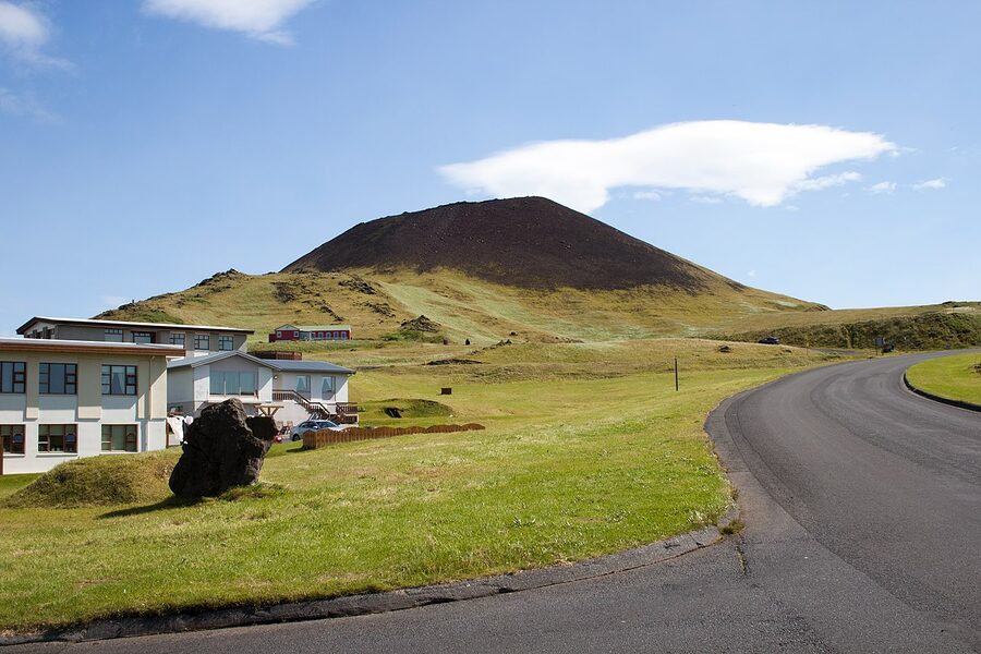 Helgafell volcano above the town of Vestmannaeyjar