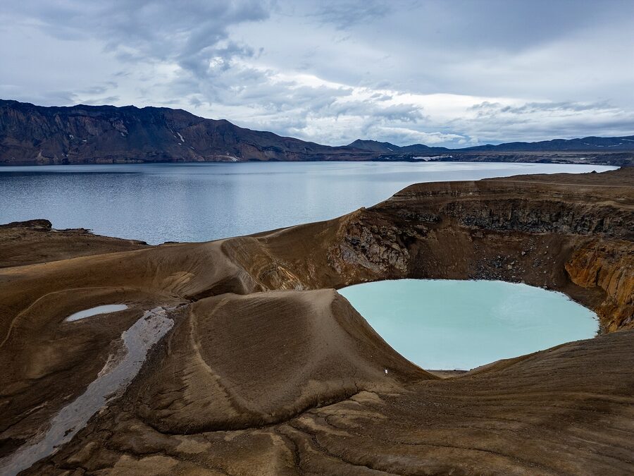 Askja Viti milky blue crater lake aerial