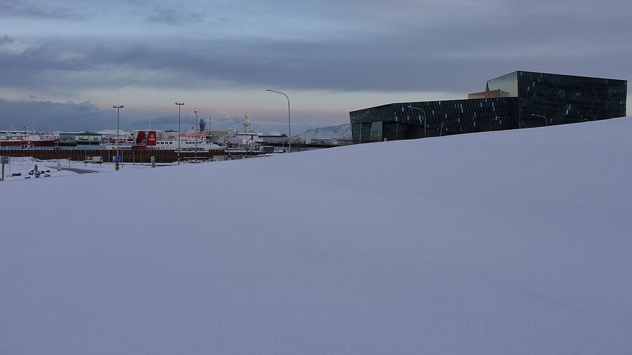 Snow at Harpa concert hall in Reykjavik