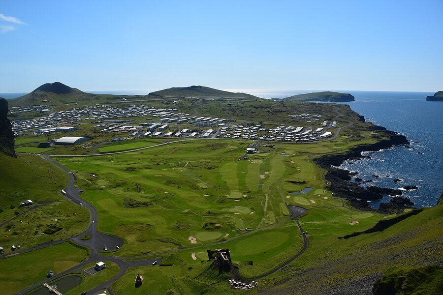 Heimaey island in the Westman Islands viewed from the cliffs in summer