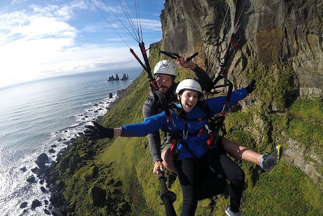 Tandem Paragliding Flights from Vik - Reynisfjall: the takeoff view and the moment it clicks